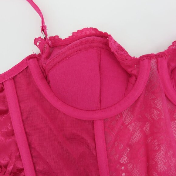 Women Small Pink Flower Floral Lace Underwire Longline Bra Boning Corset Top - Picture 9 of 13